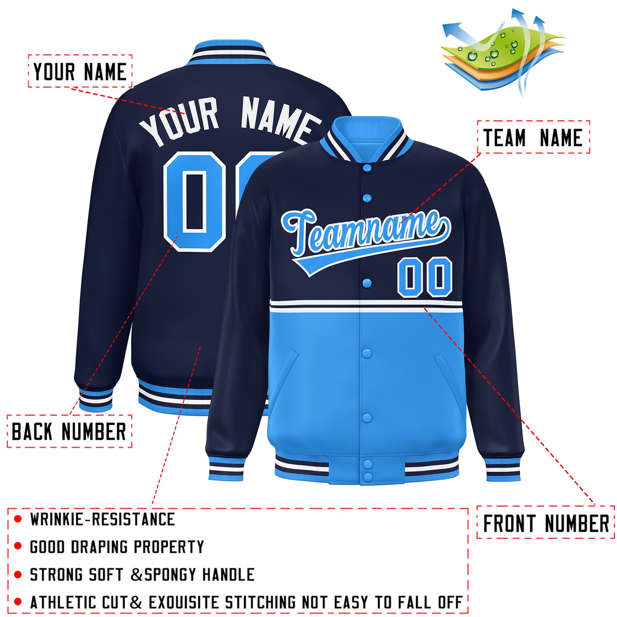 Custom Navy Powder Blue Varsity Full-Snap Color Block Letterman Jacket