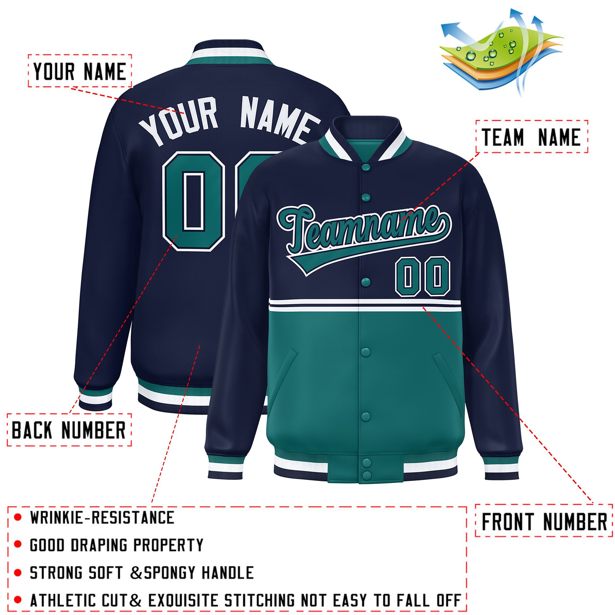 Custom Navy Aqua Varsity Full-Snap Color Block Letterman Jacket