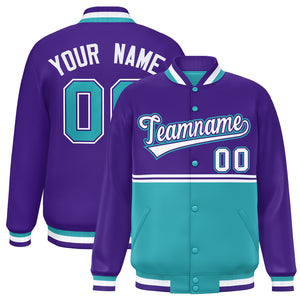 Custom Purple Aqua Varsity Full-Snap Color Block Letterman Jacket