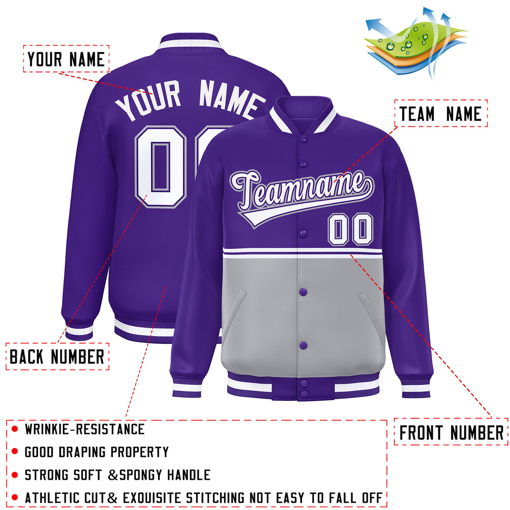 Custom Purple Gray Varsity Full-Snap Color Block Letterman Jacket