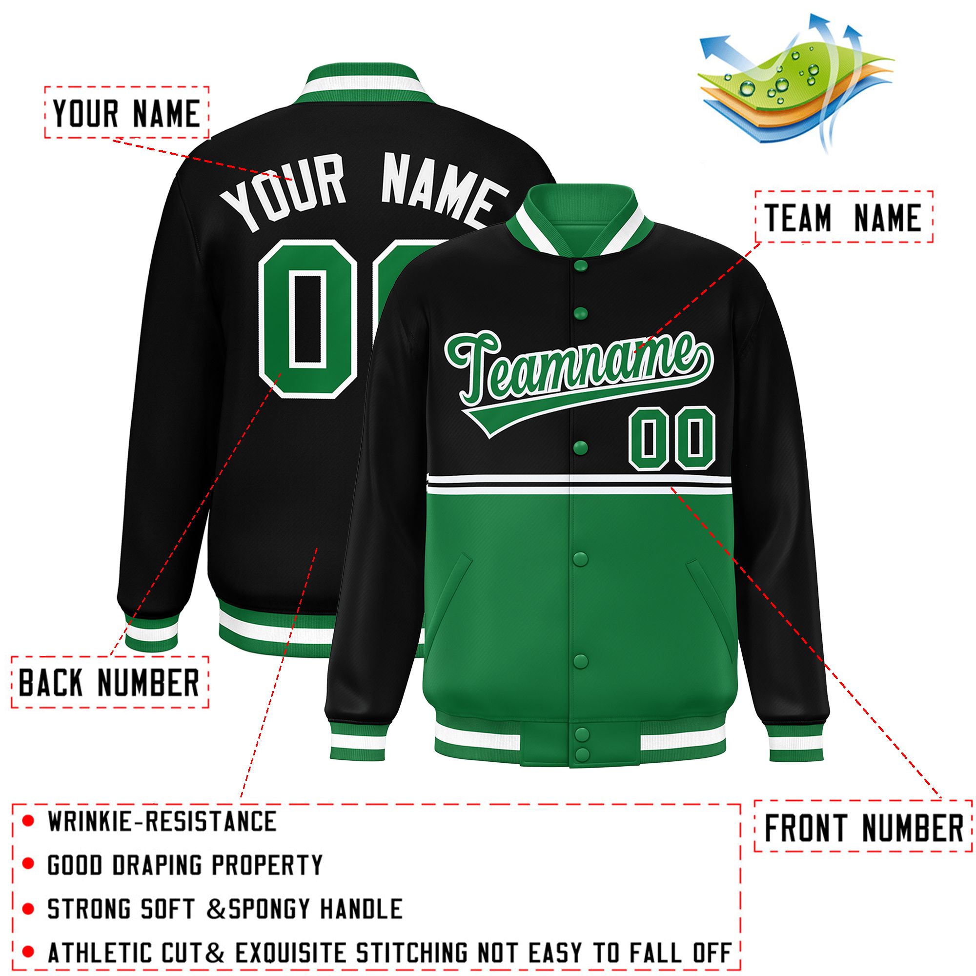 Custom Black Kelly Green Varsity Full-Snap Color Block Letterman Jacket