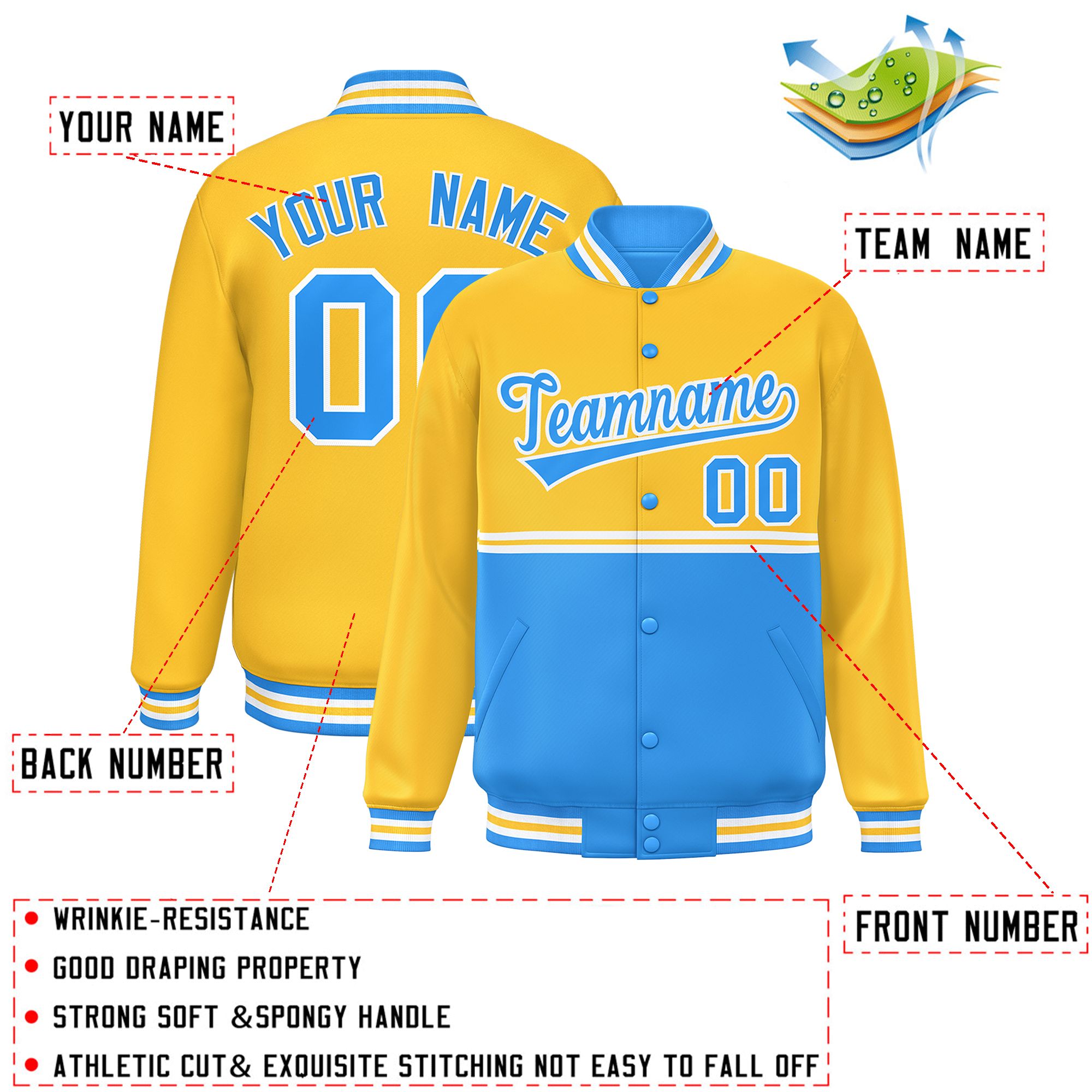 Custom Gold Powder Blue Varsity Full-Snap Color Block Letterman Jacket