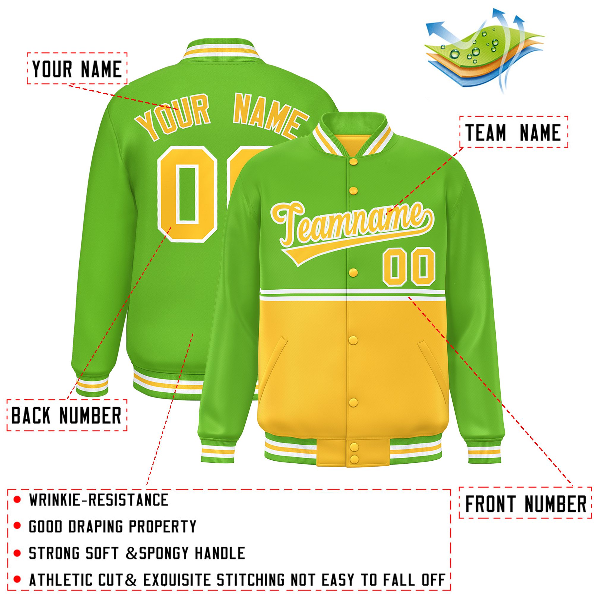 Custom Green Gold Varsity Full-Snap Color Block Letterman Jacket