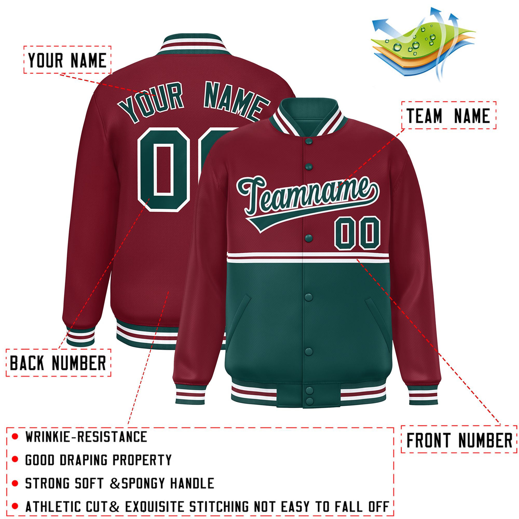 Custom Crimson Midnight Green Varsity Full-Snap Color Block Letterman Jacket