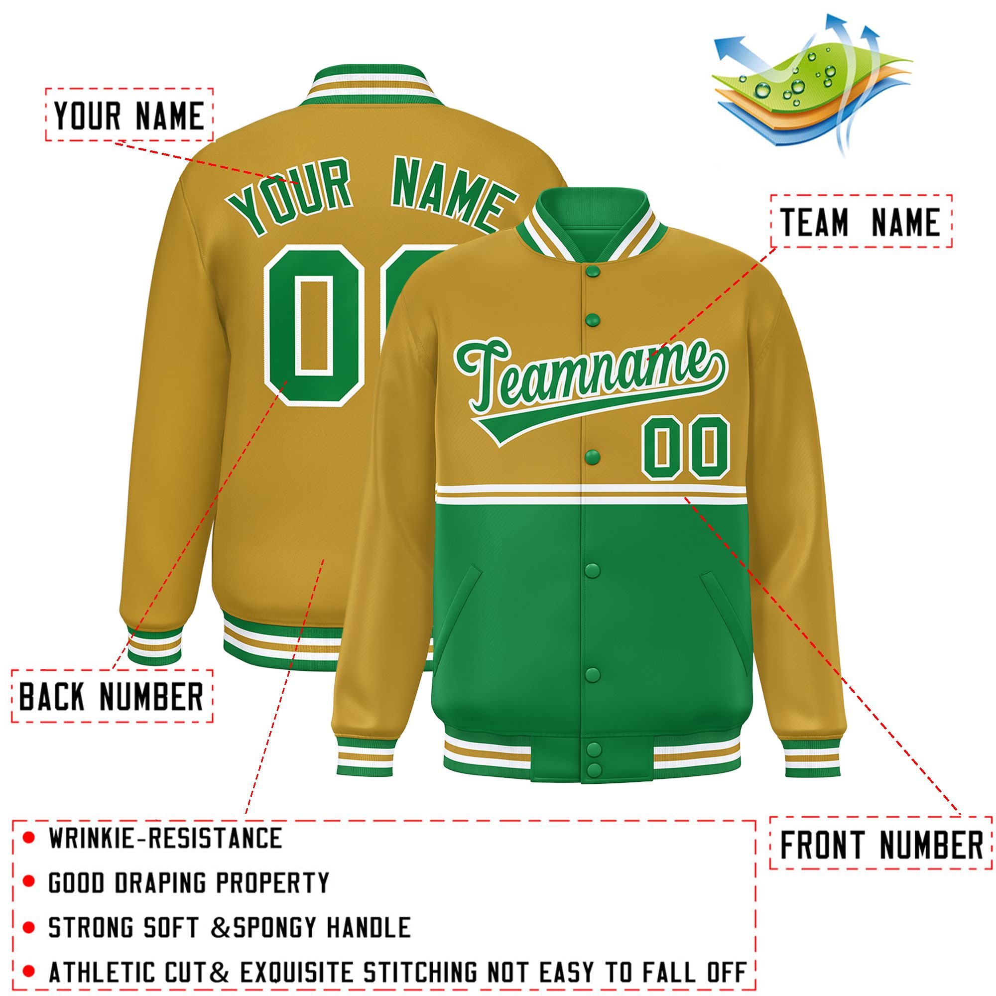 Custom Old Gold Kelly Green Varsity Full-Snap Color Block Letterman Jacket