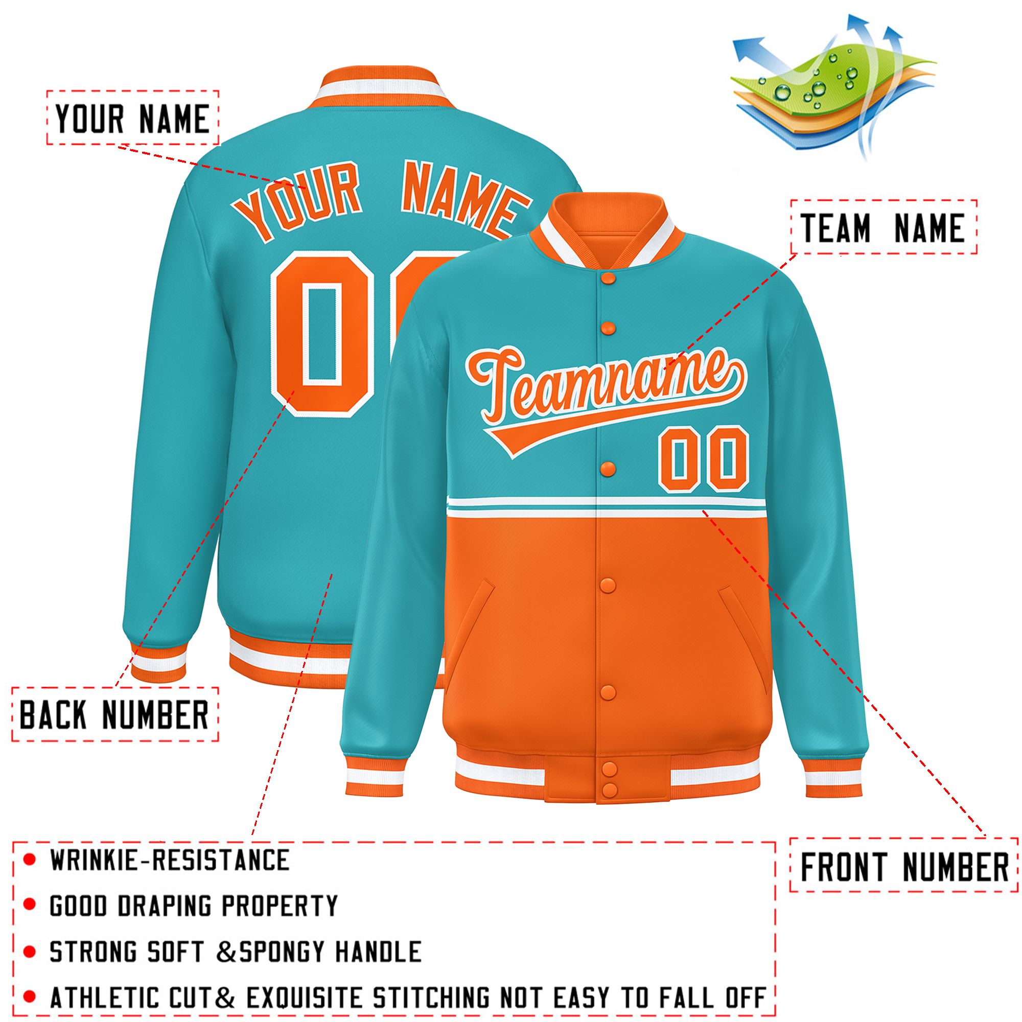 Custom Aqua Orange Varsity Full-Snap Color Block Letterman Jacket