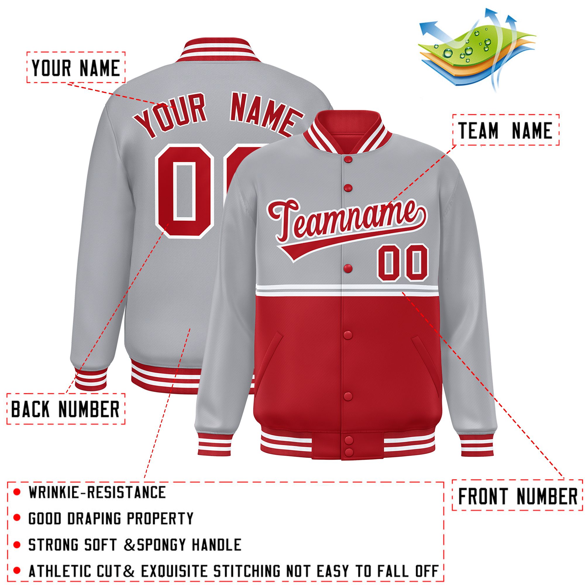 Custom Gray Red Varsity Full-Snap Color Block Letterman Jacket