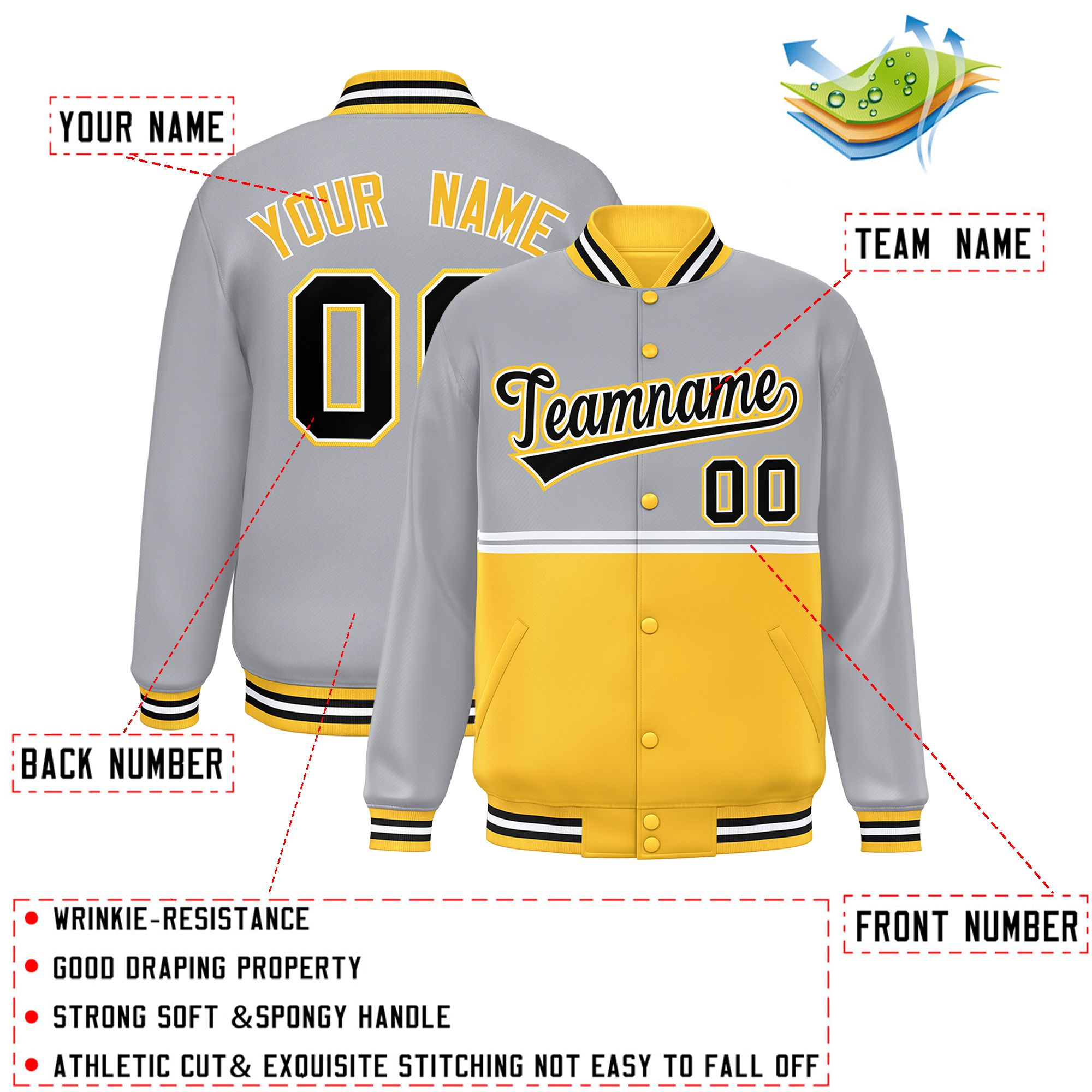 Custom Gray Gold Varsity Full-Snap Color Block Letterman Jacket