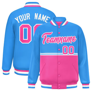 Custom Powder Blue Pink Varsity Full-Snap Color Block Letterman Jacket