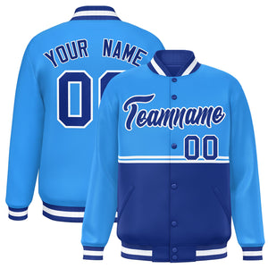 Custom Powder Blue Royal Varsity Full-Snap Color Block Letterman Jacket