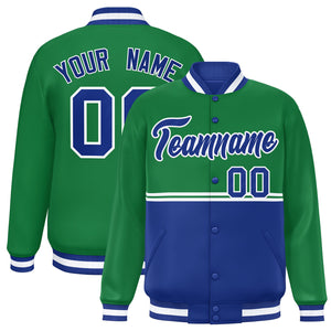 Custom Kelly Green Royal Varsity Full-Snap Color Block Letterman Jacket