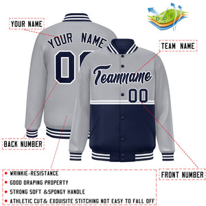 Custom Gray Navy Varsity Full-Snap Color Block Letterman Jacket