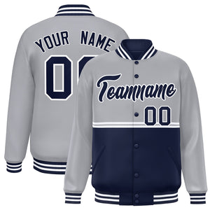 Custom Gray Navy Varsity Full-Snap Color Block Letterman Jacket