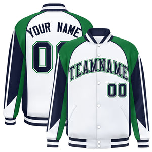 Custom White Kelly Green Varsity Full-Snap Personalized Raglan Sleeves Color Block Letterman Jacket