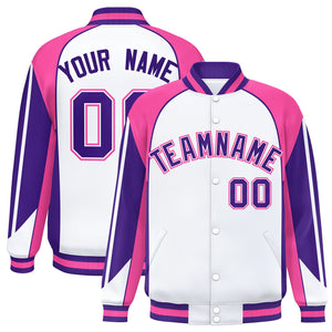 Custom White Pink Varsity Full-Snap Personalized Raglan Sleeves Color Block Letterman Jacket