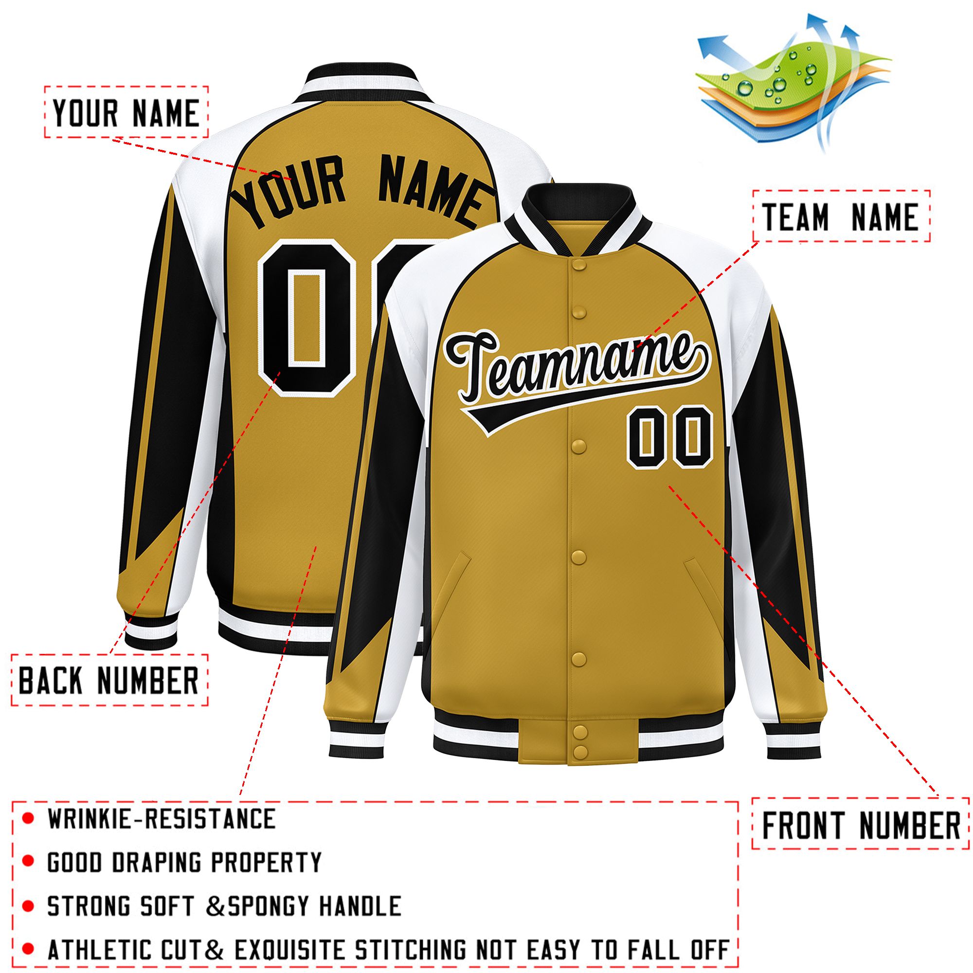 Custom Old Gold White Varsity Full-Snap Personalized Raglan Sleeves Color Block Letterman Jacket