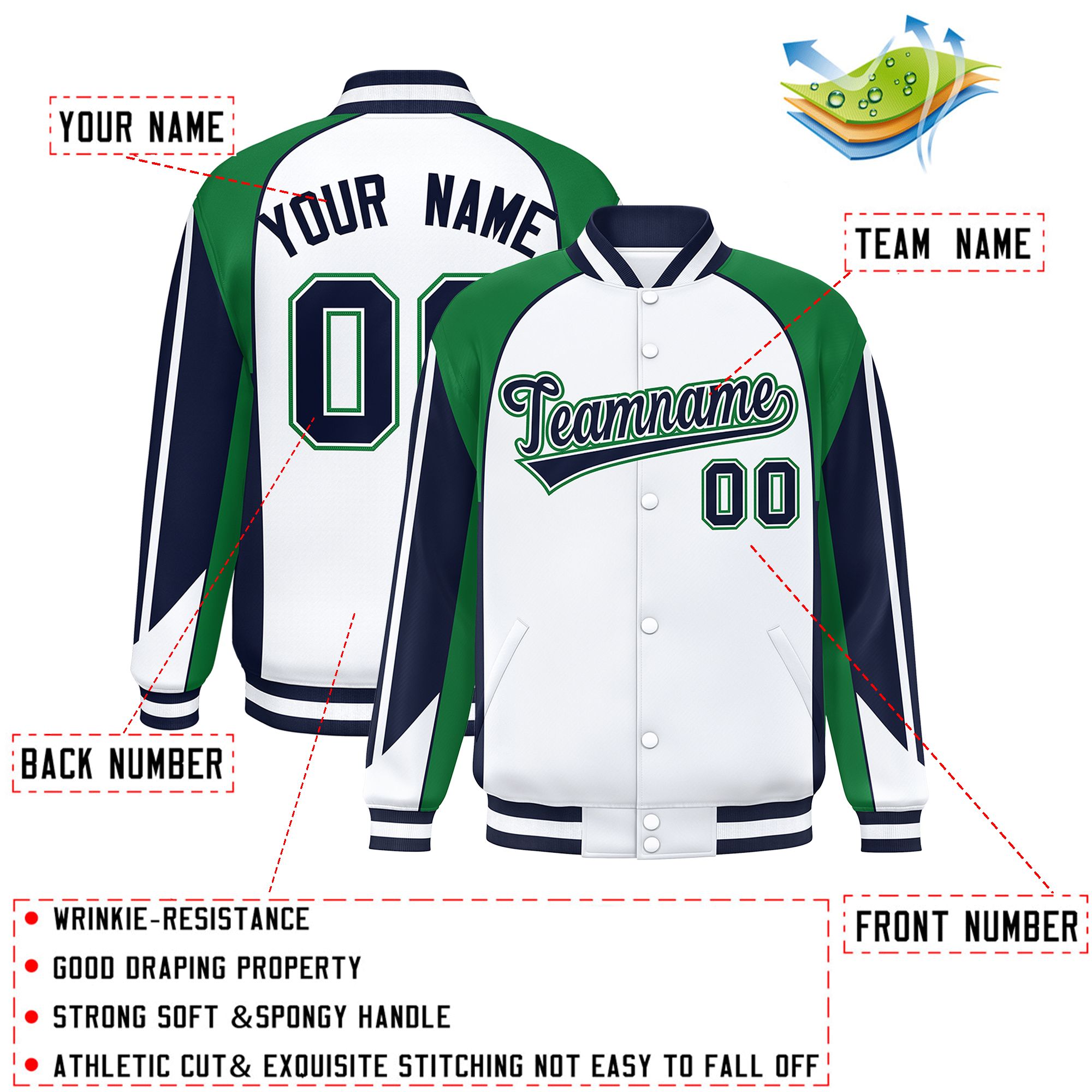 Custom White Kelly Green Varsity Full-Snap Personalized Raglan Sleeves Color Block Letterman Jacket