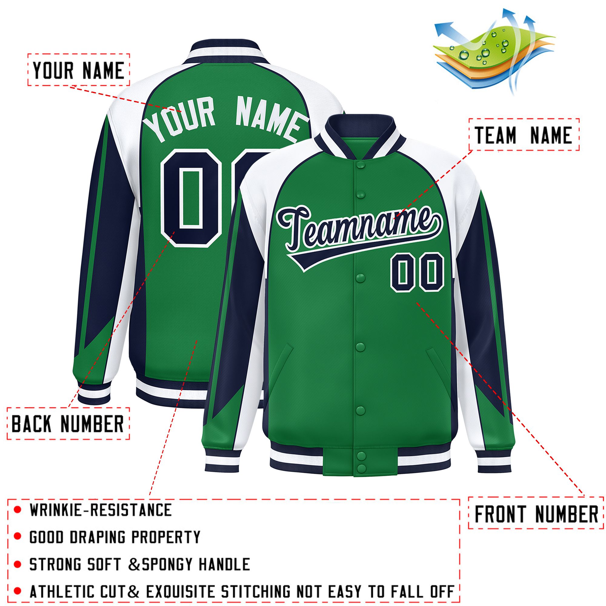 Custom Kelly Green White Varsity Full-Snap Personalized Raglan Sleeves Color Block Letterman Jacket