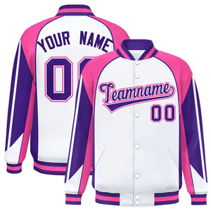 Custom White Pink Varsity Full-Snap Personalized Raglan Sleeves Color Block Letterman Jacket