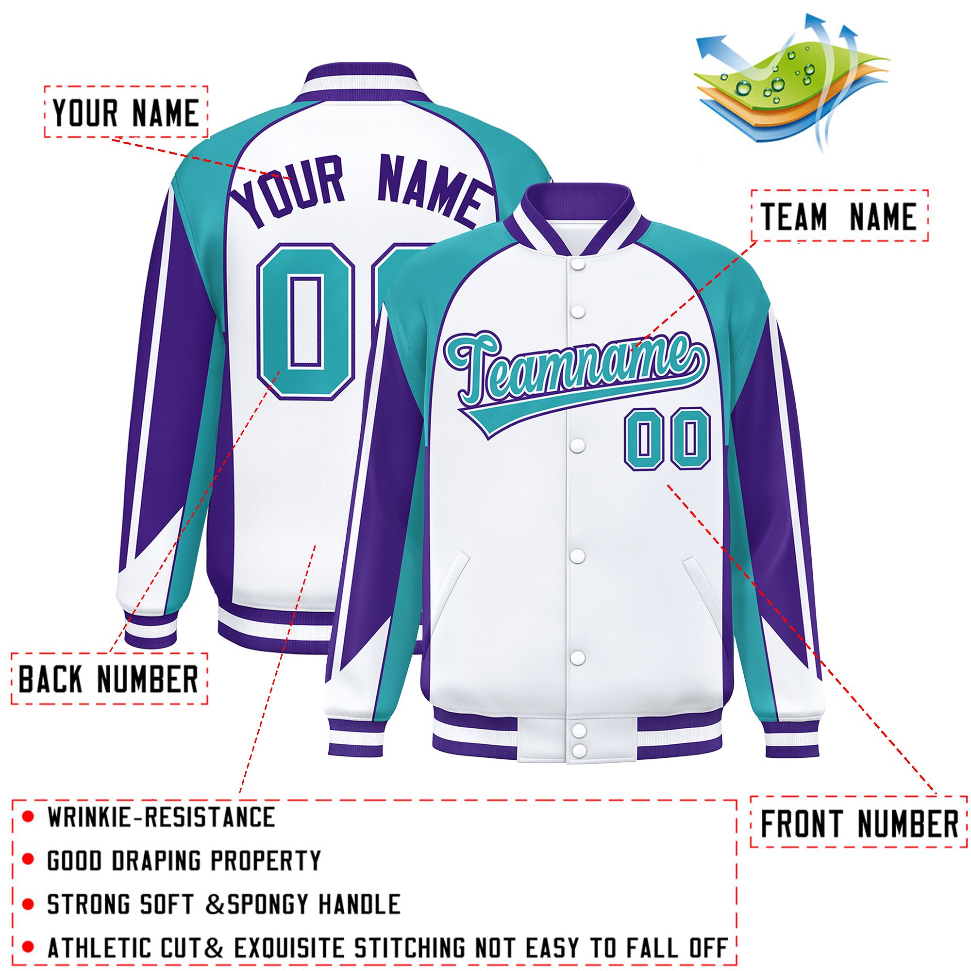 Custom White Aqua Varsity Full-Snap Personalized Raglan Sleeves Color Block Letterman Jacket