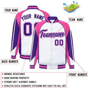 Custom White Pink Varsity Full-Snap Personalized Raglan Sleeves Color Block Letterman Jacket