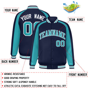 Custom Navy Aqua Varsity Full-Snap Color Block Personalized Raglan Sleeves Letterman Jacket