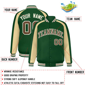 Custom Green Khaki Varsity Full-Snap Color Block Personalized Raglan Sleeves Letterman Jacket