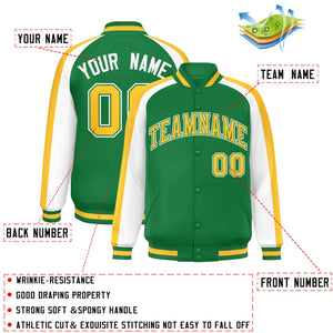 Custom Kelly Green White Varsity Full-Snap Color Block Personalized Raglan Sleeves Letterman Jacket