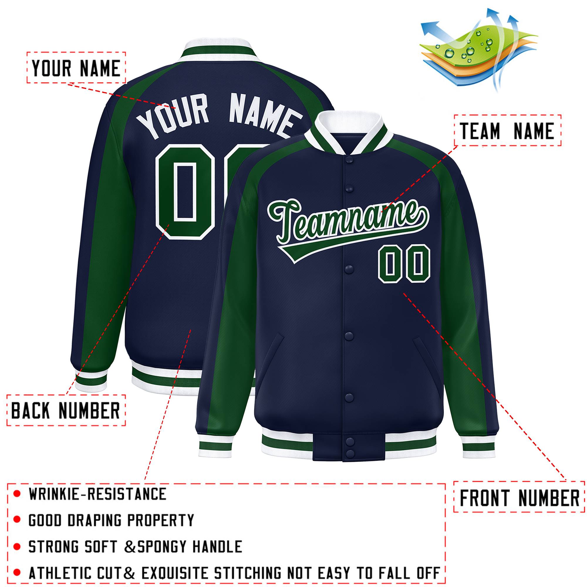 Custom Navy Green Varsity Full-Snap Color Block Personalized Raglan Sleeves Letterman Jacket