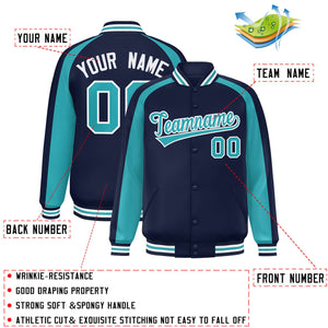 Custom Navy Aqua Varsity Full-Snap Color Block Personalized Raglan Sleeves Letterman Jacket