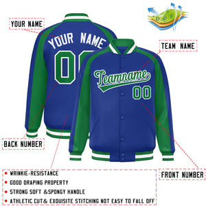 Custom Royal Kelly Green Varsity Full-Snap Color Block Personalized Raglan Sleeves Letterman Jacket