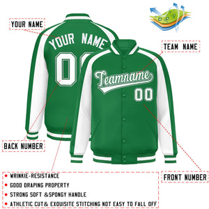 Custom Kelly Green White Varsity Full-Snap Color Block Personalized Raglan Sleeves Letterman Jacket