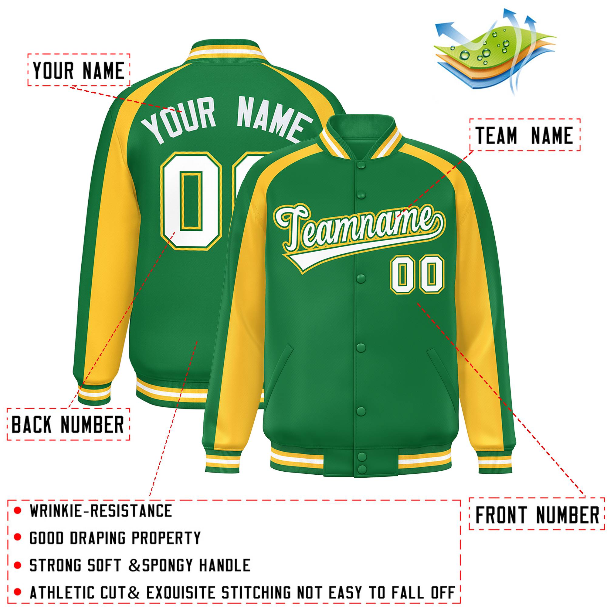 Custom Kelly Green Gold Varsity Full-Snap Color Block Personalized Raglan Sleeves Letterman Jacket