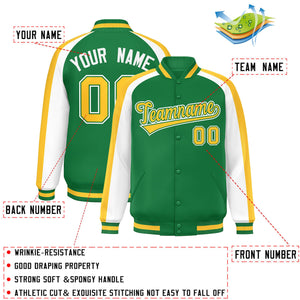 Custom Kelly Green White Varsity Full-Snap Color Block Personalized Raglan Sleeves Letterman Jacket