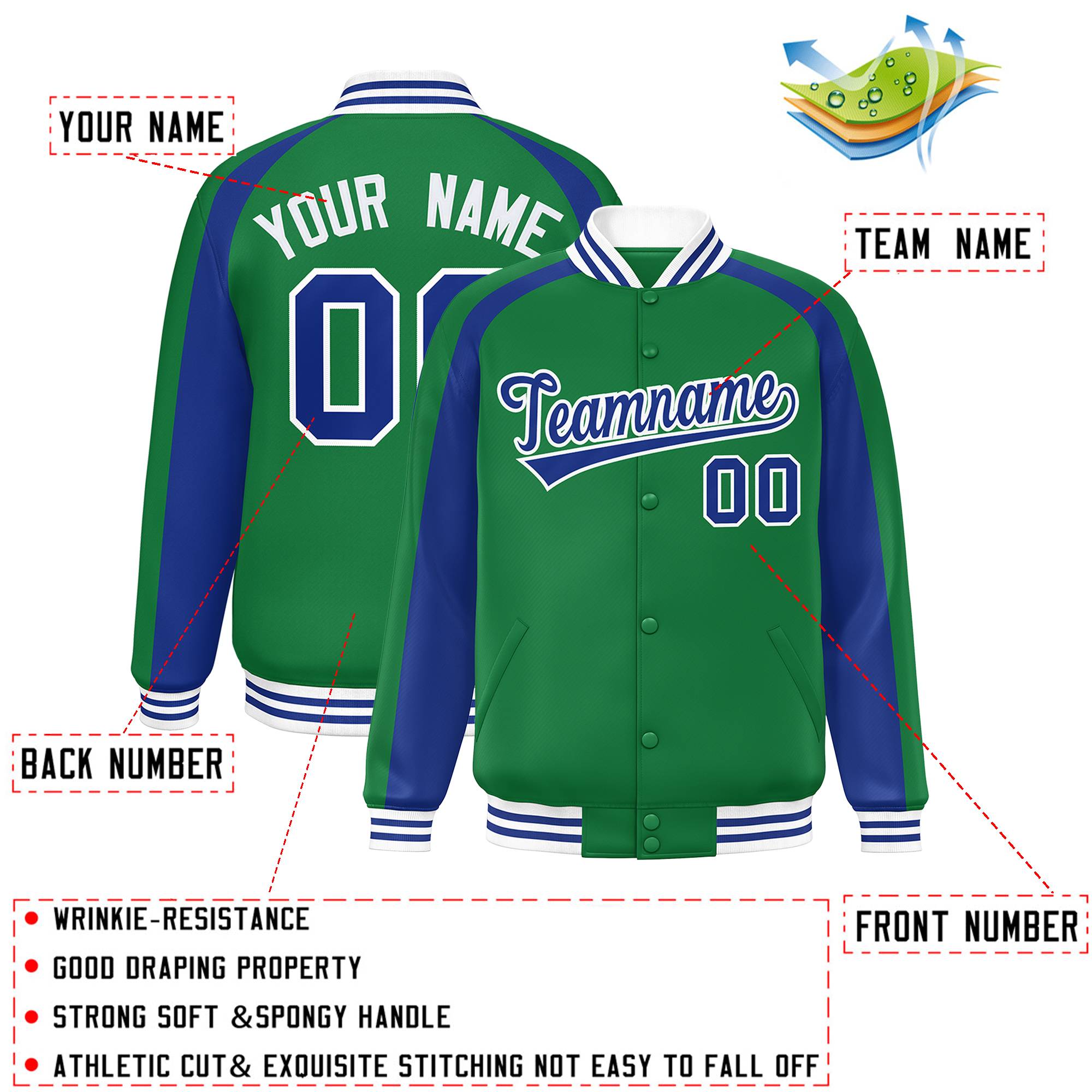 Custom Kelly Green Royal Varsity Full-Snap Color Block Personalized Raglan Sleeves Letterman Jacket