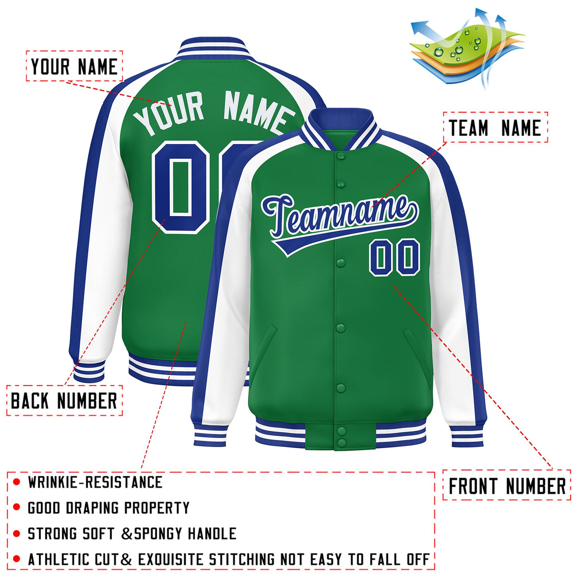 Custom Kelly Green White Varsity Full-Snap Color Block Personalized Raglan Sleeves Letterman Jacket