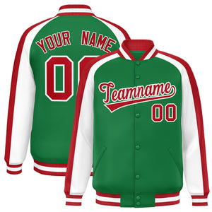 Custom Kelly Green White Varsity Full-Snap Color Block Personalized Raglan Sleeves Letterman Jacket