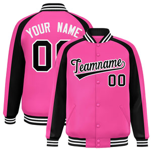 Custom Pink Black Varsity Full-Snap Color Block Personalized Raglan Sleeves Letterman Jacket