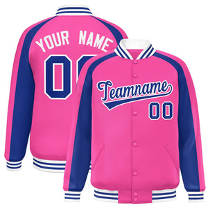 Custom Pink Royal Varsity Full-Snap Color Block Personalized Raglan Sleeves Letterman Jacket