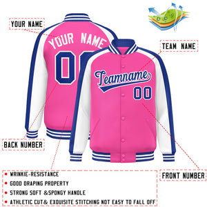 Custom Pink White Varsity Full-Snap Color Block Personalized Raglan Sleeves Letterman Jacket