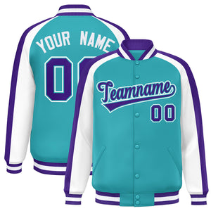 Custom Aqua White Varsity Full-Snap Color Block Personalized Raglan Sleeves Letterman Jacket