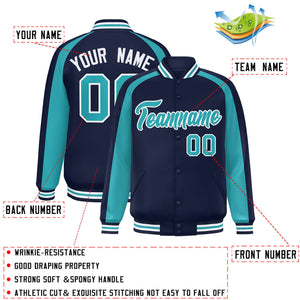 Custom Navy Aqua Varsity Full-Snap Color Block Personalized Raglan Sleeves Letterman Jacket