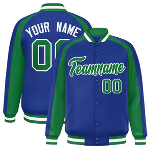 Custom Royal Kelly Green Varsity Full-Snap Color Block Personalized Raglan Sleeves Letterman Jacket