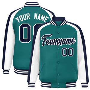 Custom Aqua White Varsity Full-Snap Color Block Personalized Raglan Sleeves Letterman Jacket