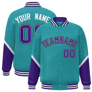 Custom Aqua Purple Varsity Full-Snap Color Block Letterman Baseball Jacket