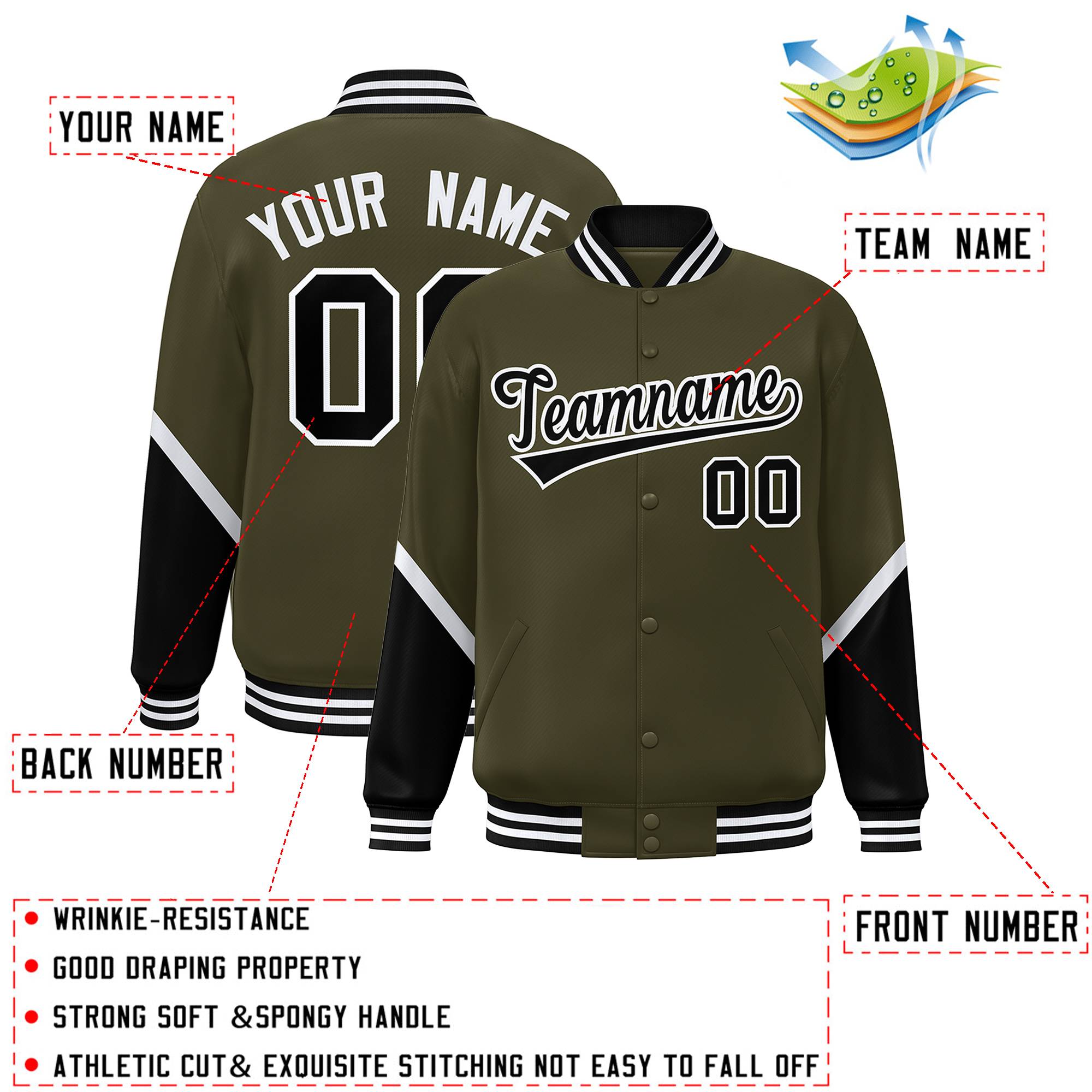 Custom Olive Black Varsity Full-Snap Color Block Letterman Baseball Jacket