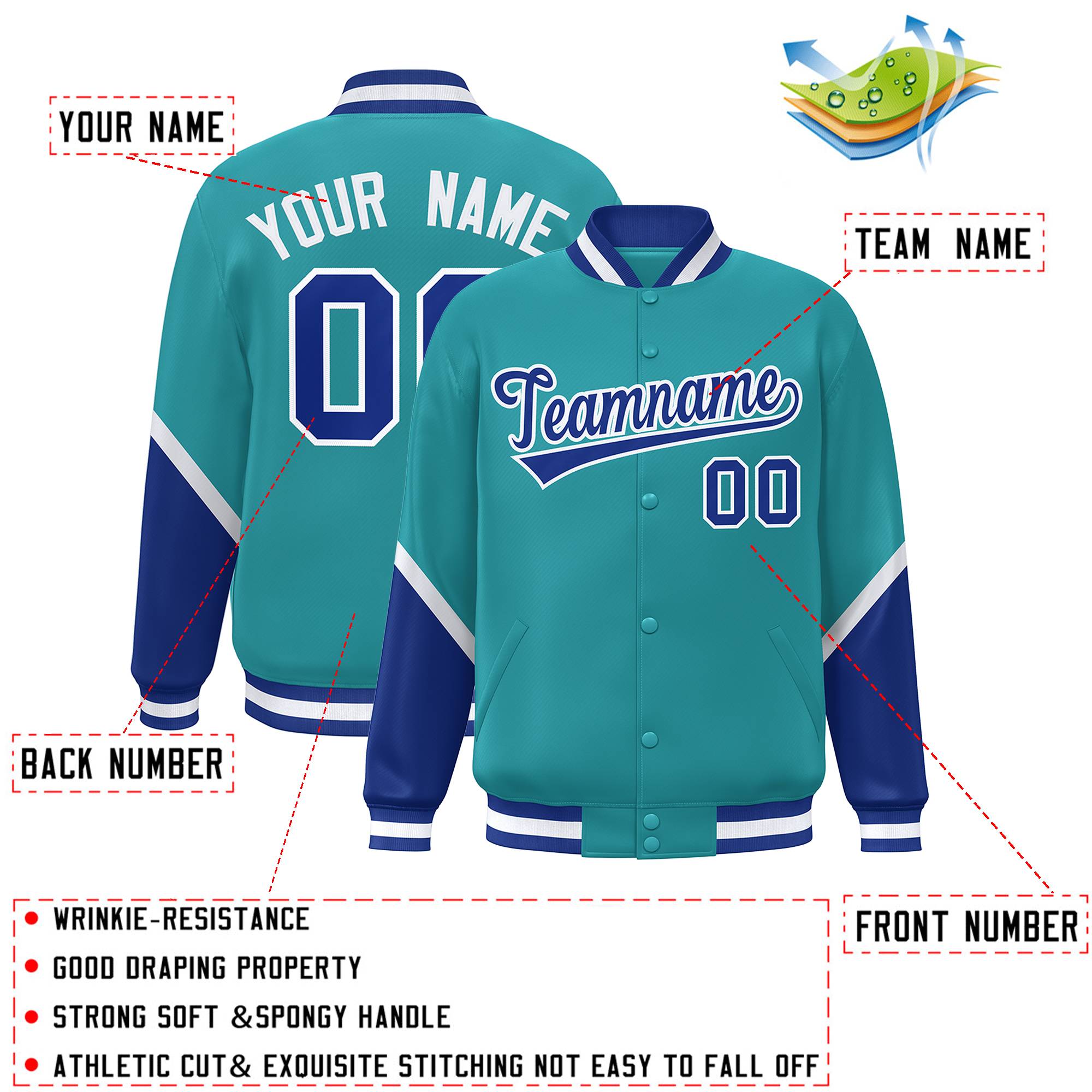 Custom Aqua Royal Varsity Full-Snap Color Block Letterman Baseball Jacket