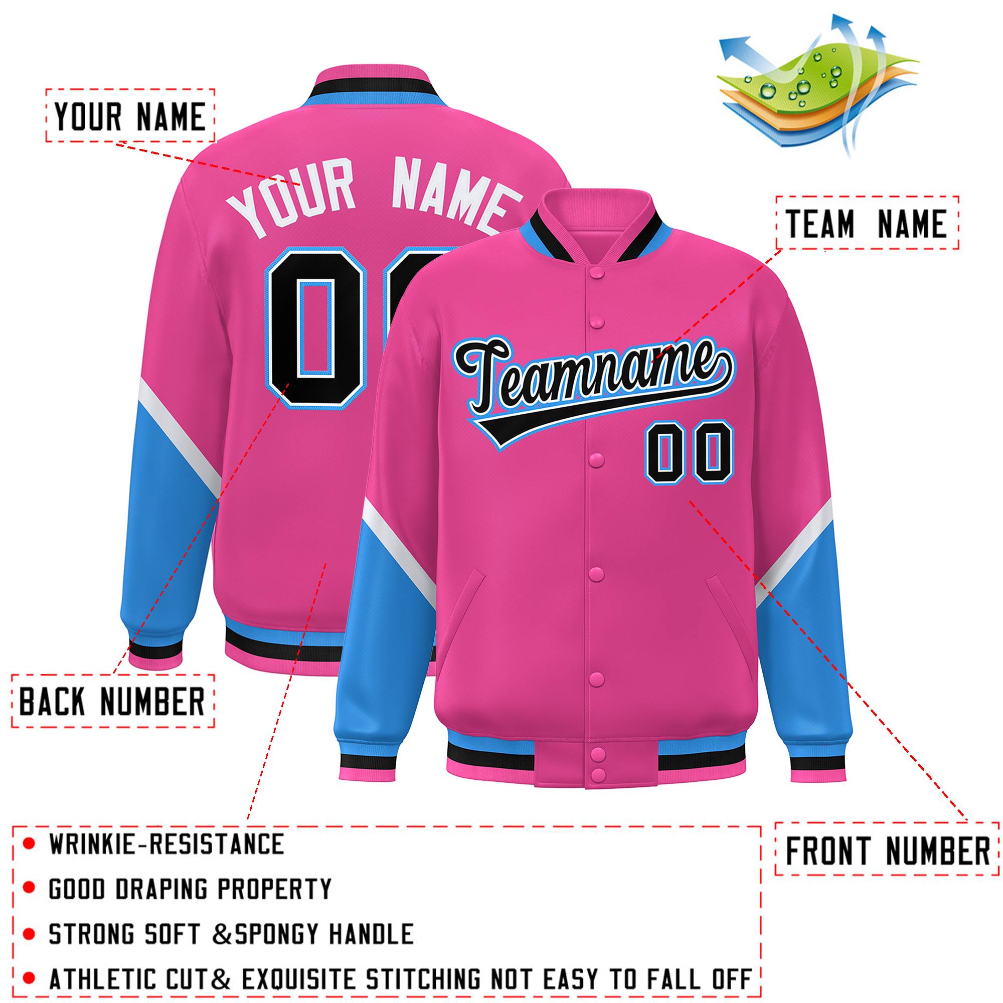 Custom Pink Powder Blue Varsity Full-Snap Color Block Letterman Baseball Jacket