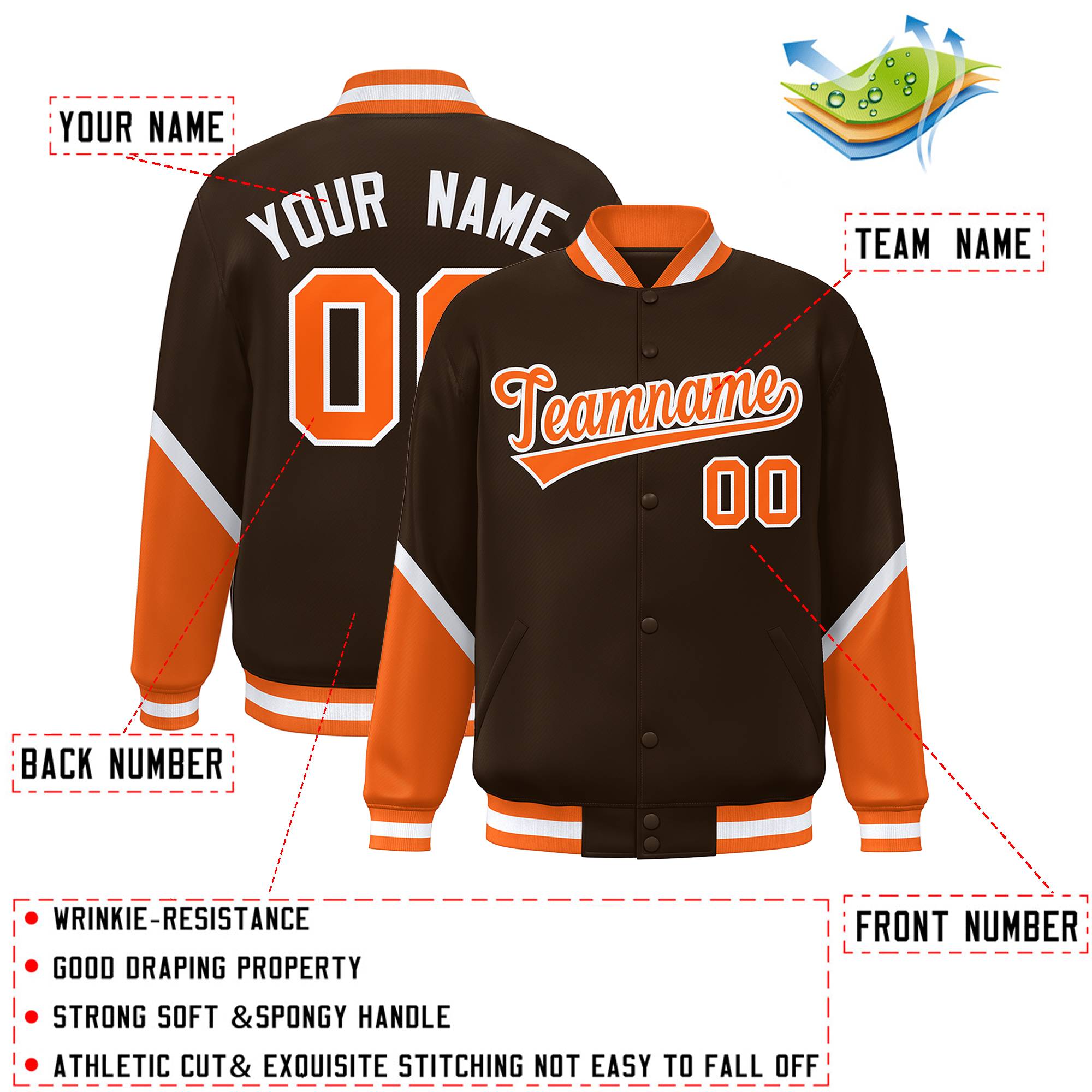 Custom Brown Orange Varsity Full-Snap Color Block Letterman Baseball Jacket