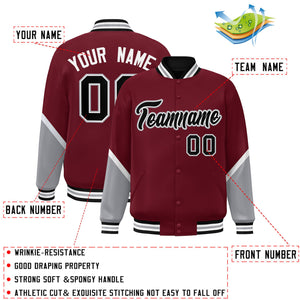 Custom Crimson Gray Varsity Full-Snap Color Block Letterman Baseball Jacket